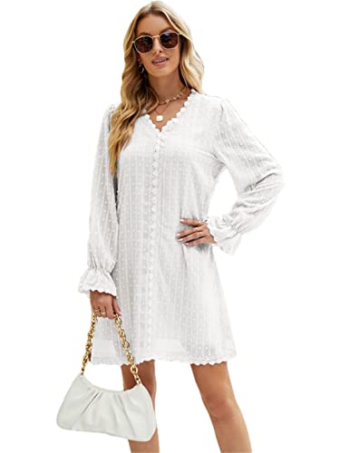 Robe courte en dentelle fine Adhdyuud, coupe raffinée à col en V et finitions volants