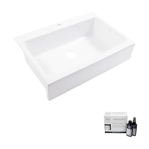 Parker Fireclay Quick-Fit Drop-In Farmhouse Kitchen Sink and Care Kit, 34" Crisp White Single Bowl with 1 Hole Parker Fireclay Quick Fit Drop In Farmhouse Kitchen Sink and Care Kit 34 Crisp White Single Bowl with 1 Hole