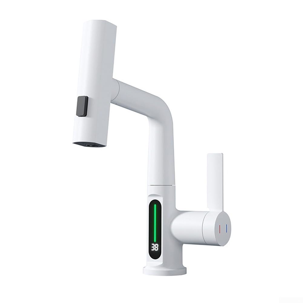 Grifo de cocina extraíble de latón giratorio de 360 grados con pantalla de temperatura del agua, rociador extensible, grifo multifunción (blanco)
