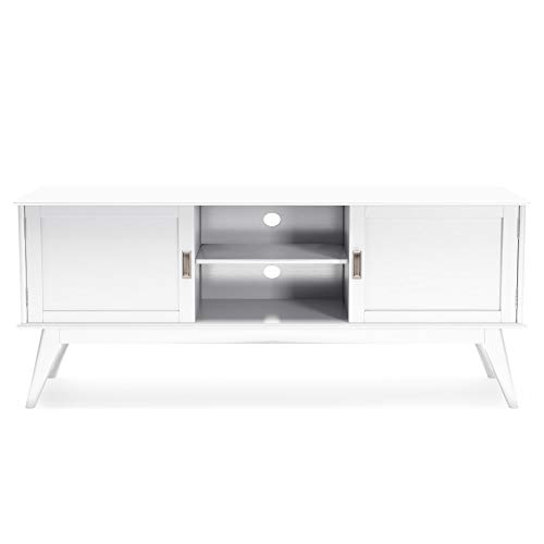 Simpli Home Draper SOLID WOOD Universal Low TV Media Stand, 60 inch Wide, Modern Industrial, Living Room Entertainment Center, Shelves, Cabinets, for Flat Screen TVs up to 70", White