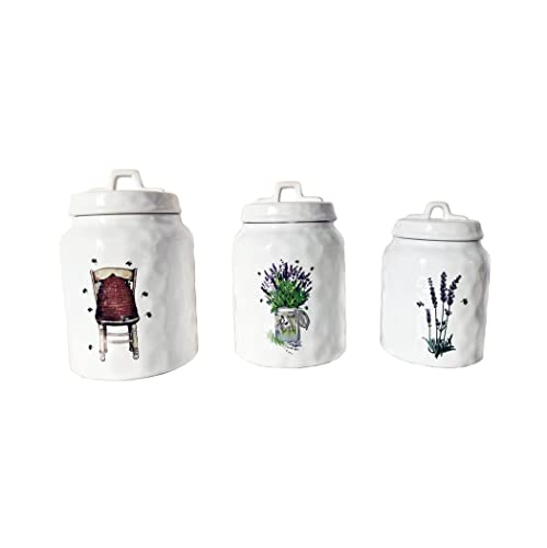 First of a Kind - Set mit 3 Steingut-Behältern mit Bienenstock, Lavendel und Bienen - dekorative Küchenbehälter-Sets - Keramik-Lebensmitteldosen für Tee, Zucker und Mehlaufbewahrung Cover
