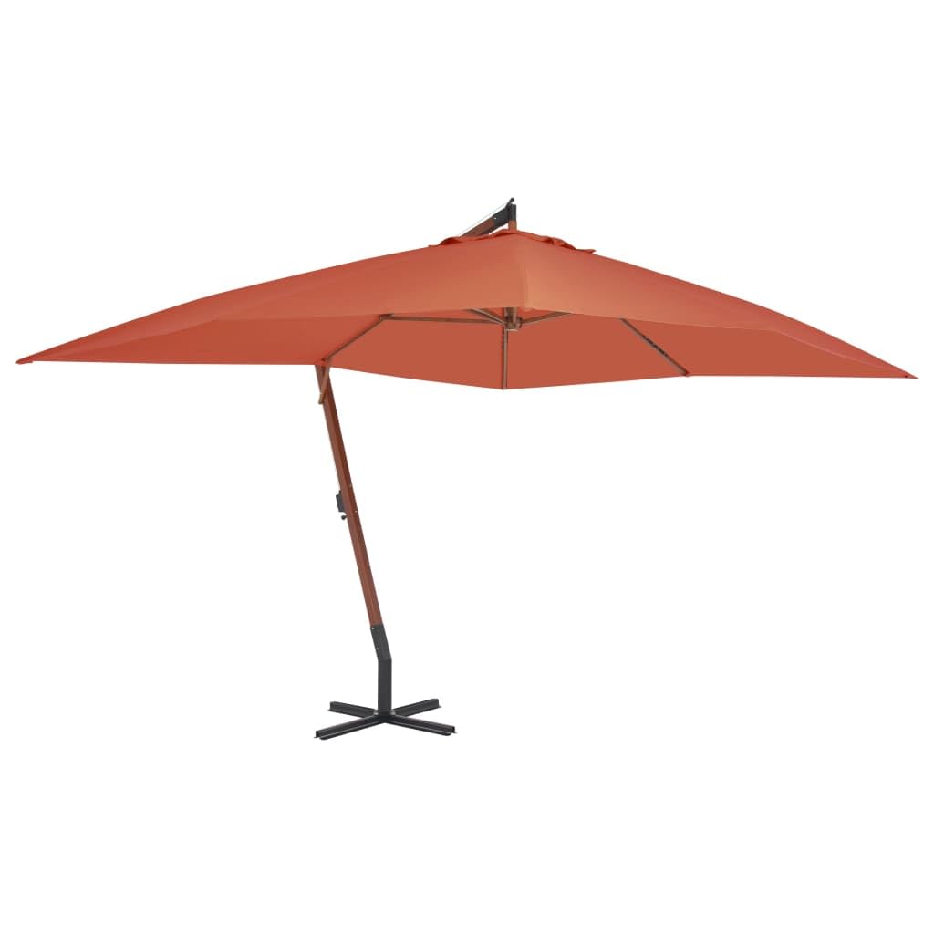 Parasol przeciwsłoneczny z drewnianym masztem 400 x 300 cm, terakota, duży parasol ogrodowy z mechanizmem korbowym i stabilną podstawą krzyżową na taras i balkon