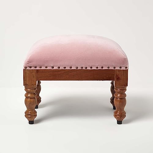 HOMESCAPES Blush Pink Velvet Footstool 50 x 30 cm Rectangular Pouffe on...