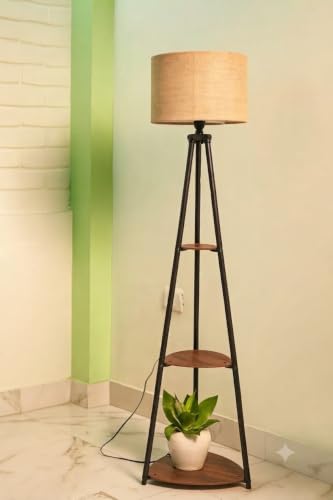 LED Tripod Floor Lamp with Three Shelves, Brown Jute, Metal Corne...