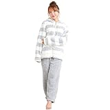 [Luanna Jena] ルームウェア レディース パジャマ ふわもこ 軽量 上下セット 長袖 部屋着 可愛い 誕生日 プレゼント ギフト QWHI08 (M, ブルーグレー)