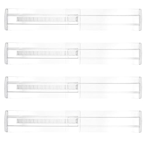 ABOOFAN Divisores de Cajones Retráctiles de Plástico Transparente 4 Piezas, Organizador Ajustable para Cocina, Armario y Oficina, Separadores de Almacenamiento para Ropa y Utensilios,
