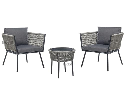 Image of BRISHI Garden Patio Seating Chair and Table Set Outdoor Balcony Garden Coffee Table Set Furniture with 1 Table and 2 Chairs Set with Cushion (Grey)