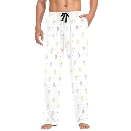 Mens Cotton Pajama Pants Sleep Lounge Pj Bottoms Sleepwear with Pockets Drawstring S Flower