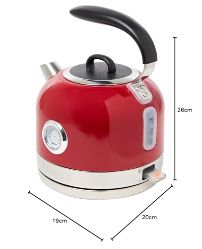 Haden Jersey Red Kettle - 1.5L Temperature Gauge & indicator Light - Electric 3000w Rapid Boil Auto Shut-off, Boil-dry Protection, Stainless Steel Retro Design Hot Water Boiler