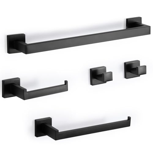 Virklyee Perforación Conjunto Toallero de 5 Piezas 43CM Set de Juego de Toallero de Acero Inoxidable Porta de Papel de Baño 2 Gancho de Toalla Colgante de Pared Juego de Accesorios de Baño(Negro)