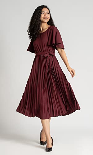 Image of Women's Crepe Pleated Bell Sleeves with Belt One Piece Western Dress (S V F 501)
