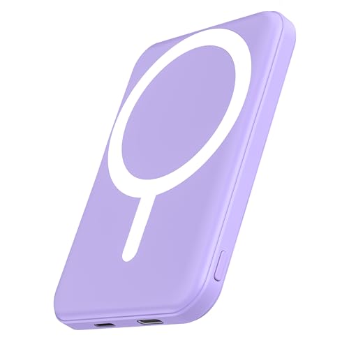 podoru for Magsafe Battery Pack 5000mAh Magnetic Power Bank with Type-C Cable 20W PD Fast Charging Lighting Input Wireless Portable Charger for iPhone iPhone 17/16/15/14/13/12/ All Series-Purple