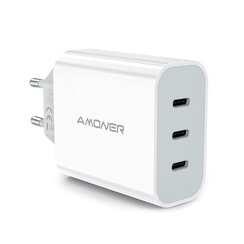 Amoner Caricabatterie rapido USB C 35W 3-Port Presa AC per iPhone 16 15 14 13 12 11 Pro Max SE 2020 XS XR X 8 7 6 6S Plus, iPad Mini, Samsung, Rapida Parete Alimentazione Adattatore