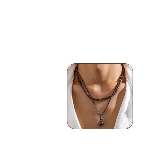 Layered Puka Shell Necklace for Men Brown Coconut Wood Beads Necklace Boho Mens Summer Necklace Surfer Beach Necklace Jewelry