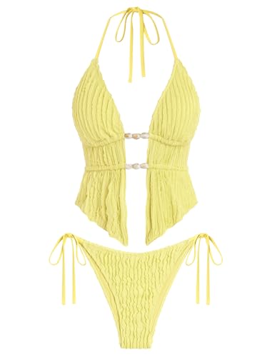 Image of ZAFUL Halter Swimsuits for Women Textured Backless 2 Piece Bathing Suits Cheeky High Cut String Tie Side Bikini Sets