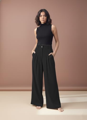 Image of GRECIILOOKS Trousers for Women High Waist | Wide Leg Trousers | Office Wear Pleated Korean Pants for Women's | Elegant Formal Pants