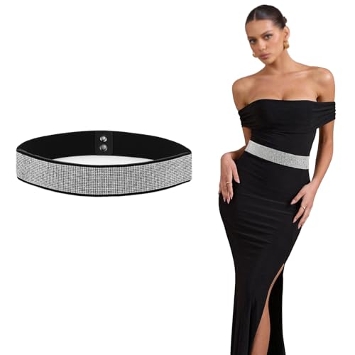 Erzekrim Cinturón Elástico de Diamantes de Imitación de Cristal Brillante, Cinturón Elástico de Piel Sintética Cinturón de Vestido Elástico para Mujer