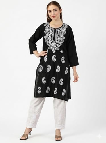 Image of FCH, Fashionable Chikan Handikraft Women's Cotton Lucknowi Chikankari Printed Straight Kurta for Regular Wear Girls Flared Kurta