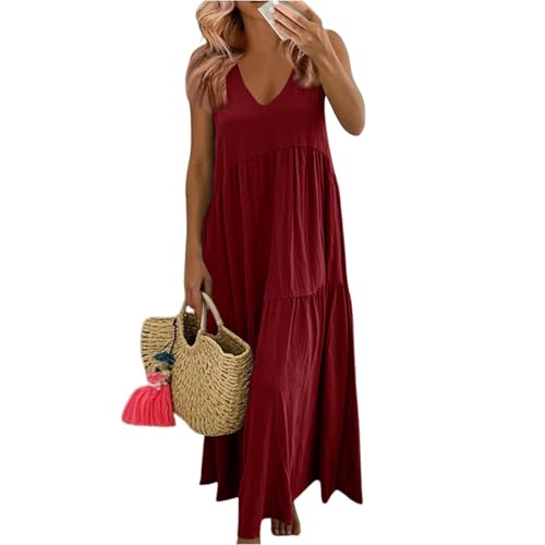 AMDOLE Vestidos de verano para mujer, vestidos casuales de verano para mujer, vestidos largos de verano con cuello en V, vestido largo sin mangas, vestido de vacaciones con bolsillos, ropa de playa