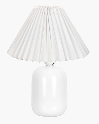 Image of Homesake Modern Small Ceramic Table Lamp, Classic Bedside Desk lamp for Living Room Bedroom, Farmhouse Nightstand Lamps Side Table Lamp Kids Room Glossy Dovel, White Pleated Shade