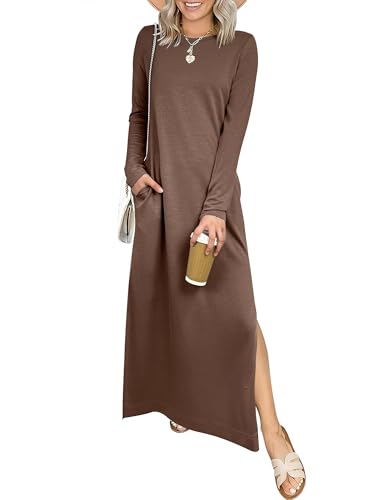 ANRABESS Women Long Sleeve Dresses 2025 Fall Casual Crewneck Loose Fit Split Flowy Wrinkle-Free Travel Vacation Maxi Dress Brown Small