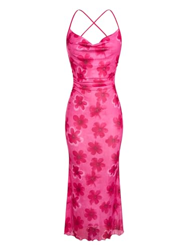 Image of SOLY HUX Women's Floral Mesh Bodycon Cami Dress Cowl Neck Sleeveless Cocktail Party Wedding Guest Long Maxi Dresses