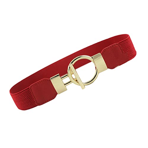 SAFIGLE 1Pc Wide Elastic Waist Belt for Women Stretch Cinch Belt with Golden Round Pin Buckle Versatile Solid Waistband Red for Dresses Jeans and Casual Outfits