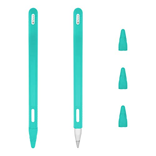 TechMatte Silicone Sleeve for Apple Pencil 2nd Generation (2-Pack) Protective Soft Skin Cover - Threaded Grip Design (2-Pack, 4 Removable Tips) (Aqua)
