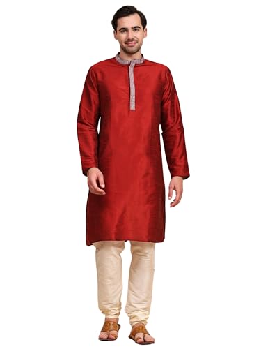 Image of SKAVIJ Men's Art Silk Embroidered Kurta Pajama Set Thread Work Ethnic Motifs Festive Party Dress