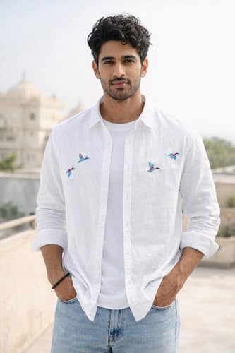 Image of Men's Cotton Blend Casual Wear with Bird Embroidery | Regular Fit Full Sleeve Button Down | Lightweight Summer Style for Daily, Office & Party