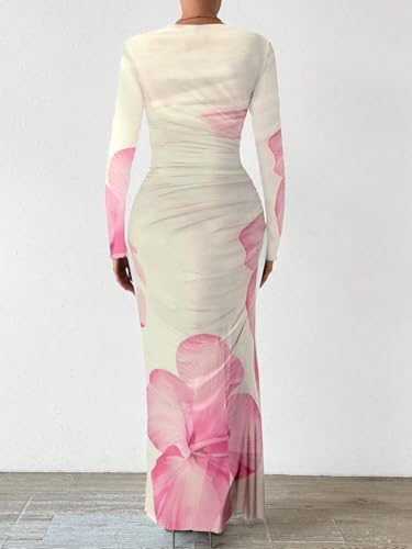 Image of MARZXIN Women Long Sleeve Maxi Dress Bodycon Ruched Formal Slim Fit Tie Dye Dress Formal Mesh Dress