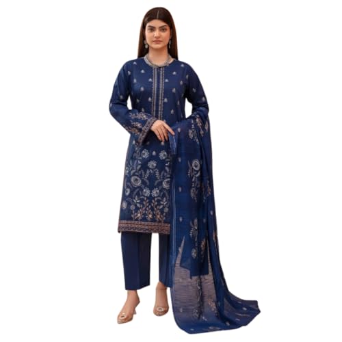 HOORE LONDON Womens 3-Piece Stitched Navy Blue Lawn Suit | Geometric & Floral Printed Kurta with Printed Dupatta & Palazzo Trousers | Ready to Wear Summer Eid & Festive South Asian Outfit