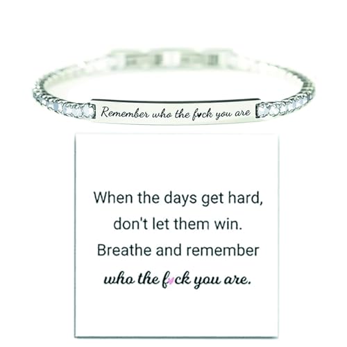 Remember Who The Fck You Are Bracelets For Women,Stainless Steel Engraved Motivational Bracelet Inspirational Chain Crystal Energy Bracelet Jewelry Gifts For Women Men