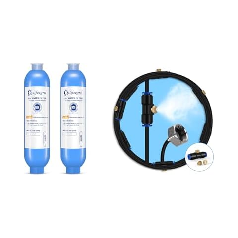 lifeegrn Misting Cooling System 40FT & RV Inline Water Filter Blue Cover