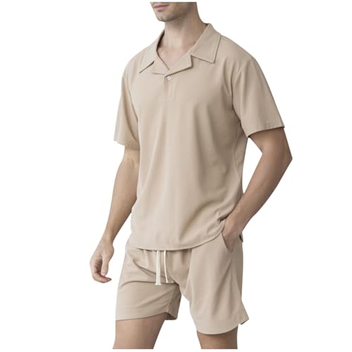 Mens Waffle Casual Button Down Short Sleeve T Shirts and Loose Shorts Summer Beach Vacation 2 Piece Outfit Lounge Sets
