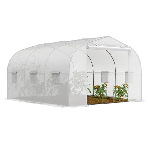 Outsunny Serra da Giardino, Serra a Tunnel per Giardino con Porta a Rullo e 6 Finestre, per Orto in Polietilene e Acciaio, 3.5x3x2 m, Bianco