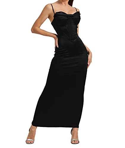 Image of Sexyshine Women's Spaghetti Strap Cowl Neck Satin Corset Dress Bodycon Backless Formal Evening Party Maxi Dress