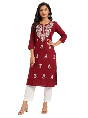 Image of Comforts Women's Maroon Embroidered Straight Kurta
