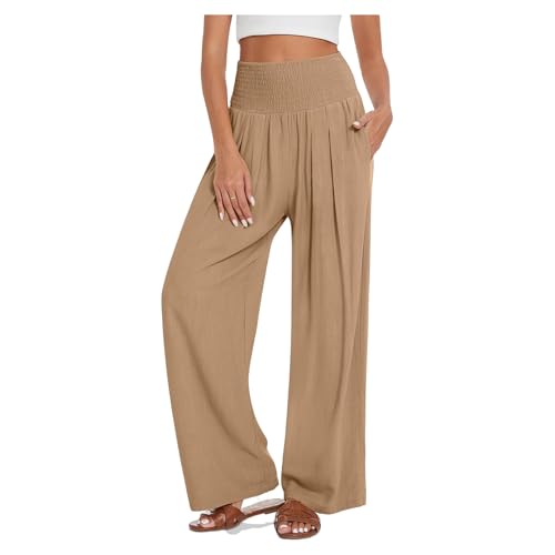 Women's Summer Linen Wide Leg Pants High Waist Casual Beach Belt Sweatpants Pockets Lounge Pants Women Baggy Pants3