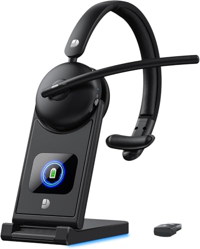 Wireless Headset with Mic for Work, Wireless Headset with Microphone (Noise Cancelling), Smart Mult-Func Dock, 65H Worktime&Fast Charge Bluetooth Headphones for Work/PC/Computer/Call Center/Teams/Zoom