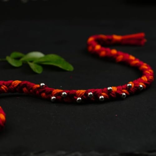 Image of Meenakari Pure 925 Sterling Silver Bead Rakhi set with Roli Chawal and Rakshabandhan Greeting Card For Brother /Men /Unisex