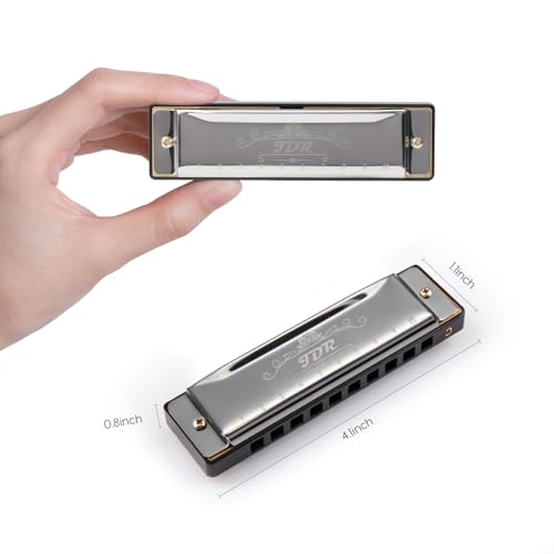 JDR Mundharmonika, 10 Löcher, 20 Töne, mit 1 mm Plattenstruktur, für Anfänger, Kinder, Musiker geeignet für jeden Anlass, wie Blues, Folk, Jazz und Pop (silber)