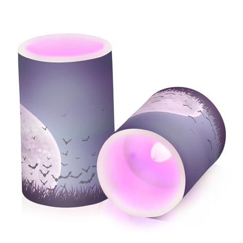 Moon-Bats-Skys Pattern Flameless Pillar Plastic Led Candles, Battery Operated with Remote/Timer Color Changing Soft Light, Set of 2 for Festival, Wedding,Home Party Decor