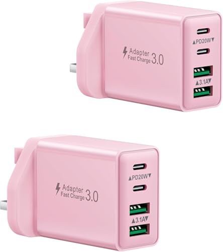 2-Pack USB C Plug UK, 40W 4-Port Fast Charger Plug for iPhone 16 15 Plus Pro Max 14/13/12/11, iPad, Samsung, Mutil USB Plug Fast Charge Dual Port Type C Power Charging Adapter Wall Plug Head