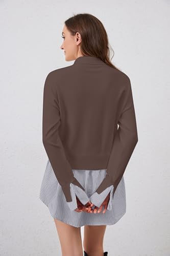 Image of MISSACTIVER Women Slit Turtleneck Patchwork Sweater 2 in 1 Buttons Down Pullover Knit Sweater Asymmetrical Hem Shirt Top