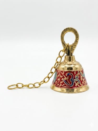 Image of Brass Pooja Hanging Bell with Chain (Red, Single Piece) | Decorative Mandir Ghanti for Door Wall | Handcrafted Temple Bell for Home Decor, Vastu & Spiritual Use