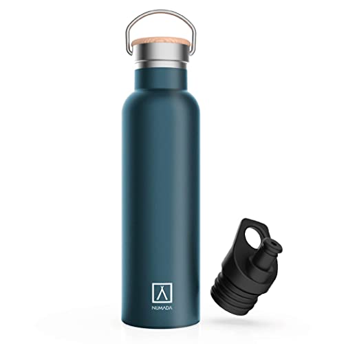 NUMADA-Botella Térmica Acero Inox 600ml Negro Estanca con Doble Pared al Vacío y Recubrimiento Cerámico. Mantiene Frío 24H y Calor 12H|Boca Ancha|Libre BPA|Incluye 2 Tapones (1 Sport)/Bolsa Transporte Cover