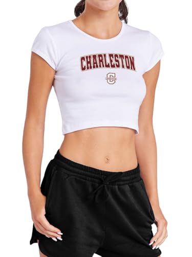Campus Lab College of Charleston Arch Logo Secondary Womens Cap Sleeve Baby Rib Crop Top White Small