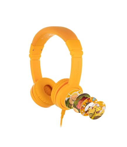 BuddyPhones School Plus, Wired Headphones for Kids, Detacheable High-Performance BoomMic, SafeAudio Volume-Limiting to 85dB, Cable Sharing Jack, for School/Travel/iPad, Travel Bag (Yellow)