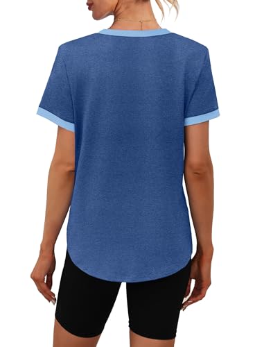 Image of Womens Workout Tops Summer Short Sleeve Shirts Athletic Color Block Gym Clothes Outfits Sun Protection UPF 50+ T Shirts